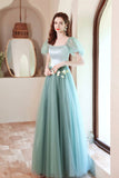 Green satin tulle long prom dress green evening dress HZ1023