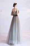 Gray green tulle sequins long prom dress evening dress HZ1023