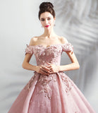 Pink tulle lace long prom dress A line evening gown HZ1023