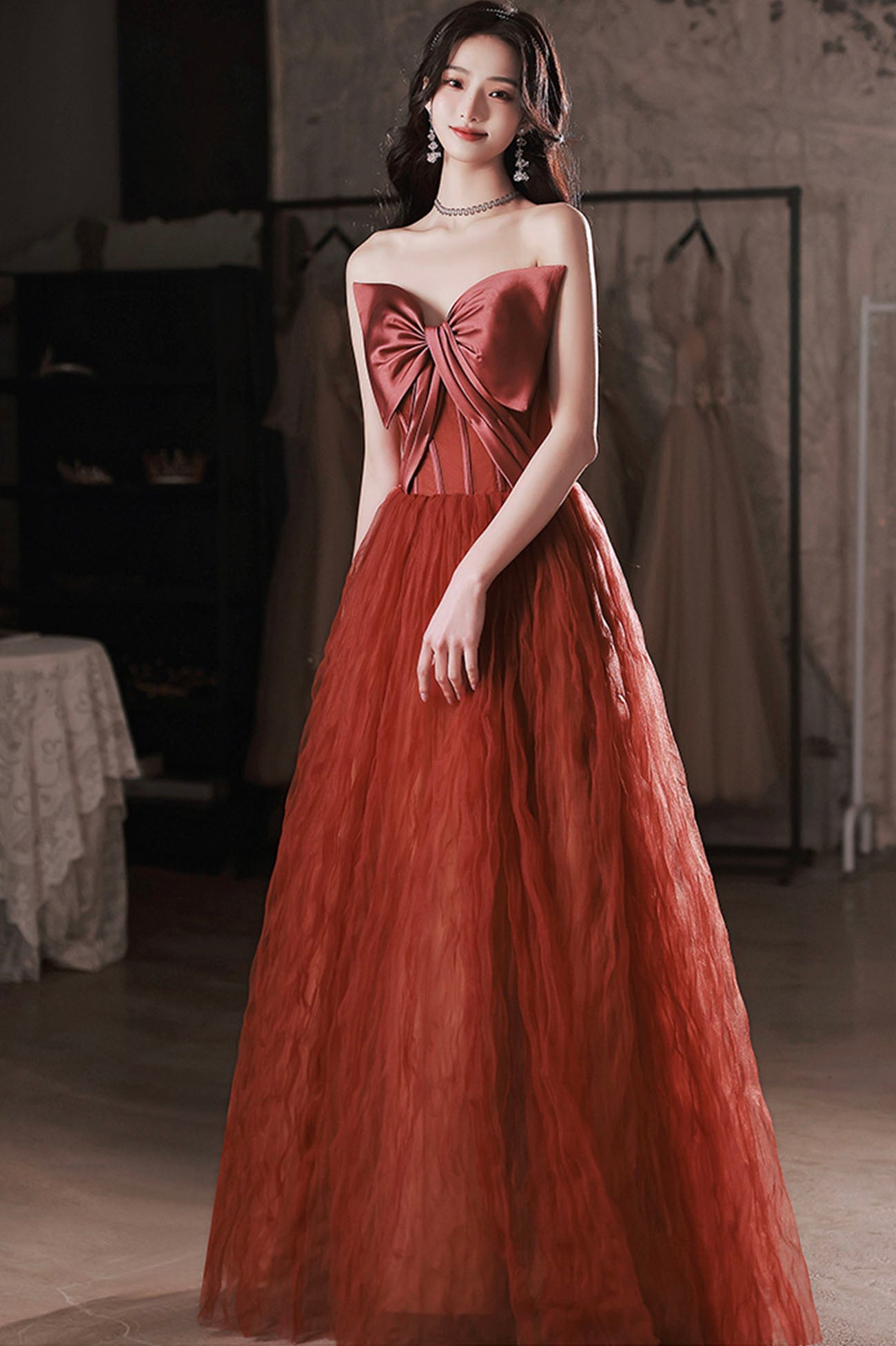 Burgundy satin tulle long prom dress A line evening dress HZ1023