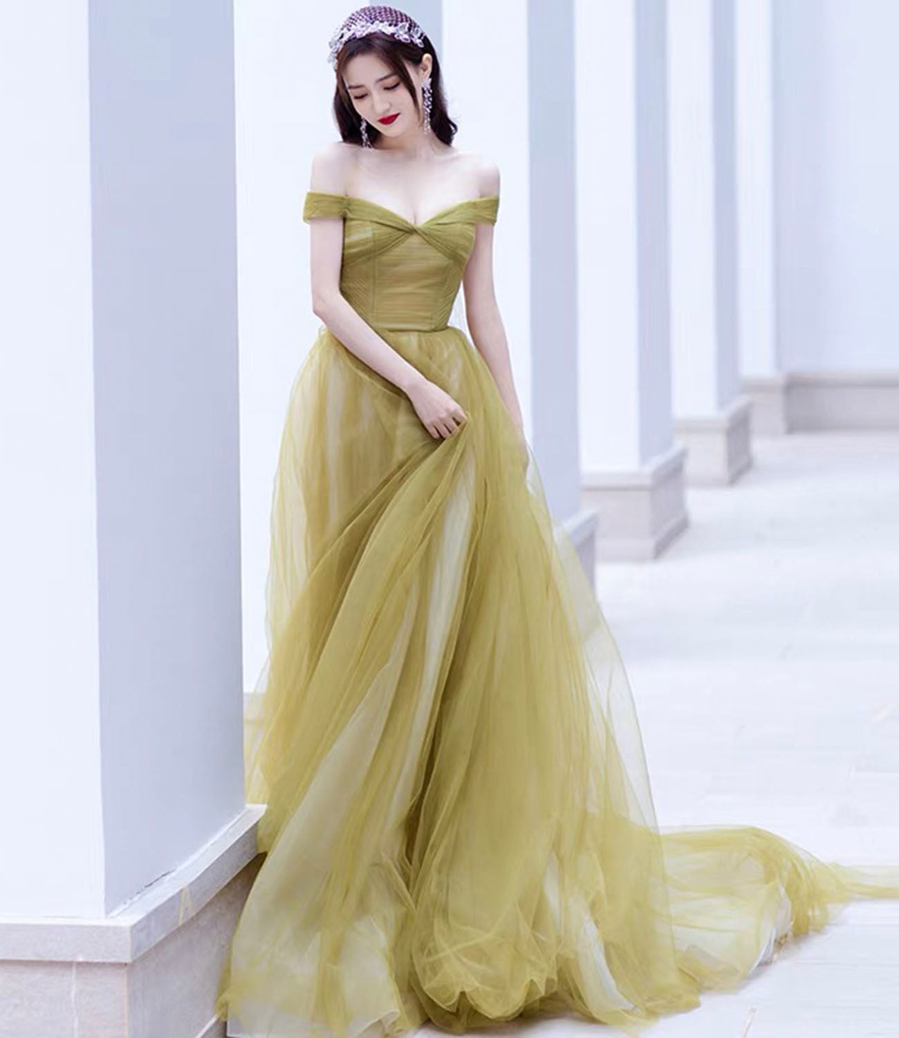 Cute tulle long prom dress A line evening gown HZ1023