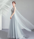 Gray tulle lace long prom dress A line evening dress HZ1023
