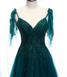 Green gorgeous exquisite beaded lace A-line long tulle ball gown evening dress HZ1023