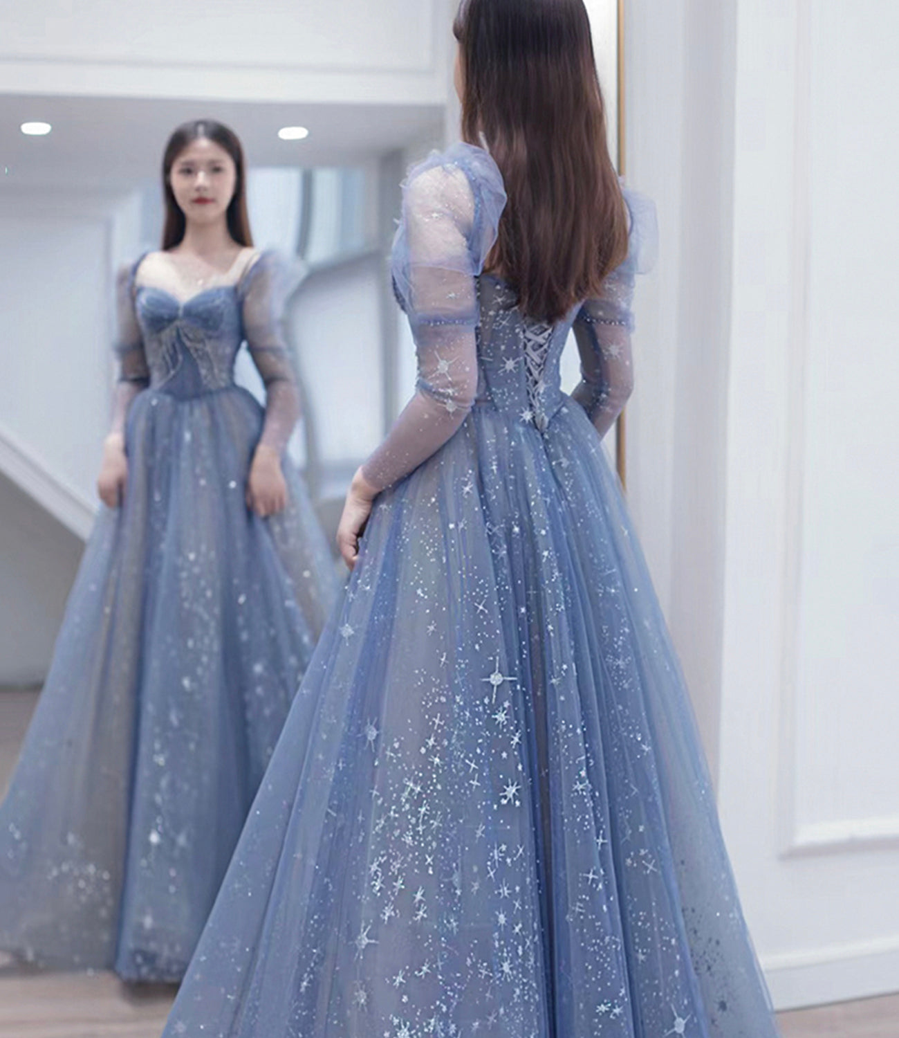 Blue tulle beads long prom dress A line evening dress HZ1023