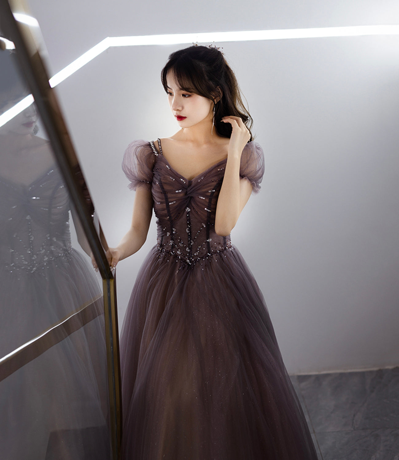 Cute tulle beads long prom dress A line evening dress HZ1023