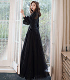 Black tulle lace long prom dress A line evening dress HZ1023
