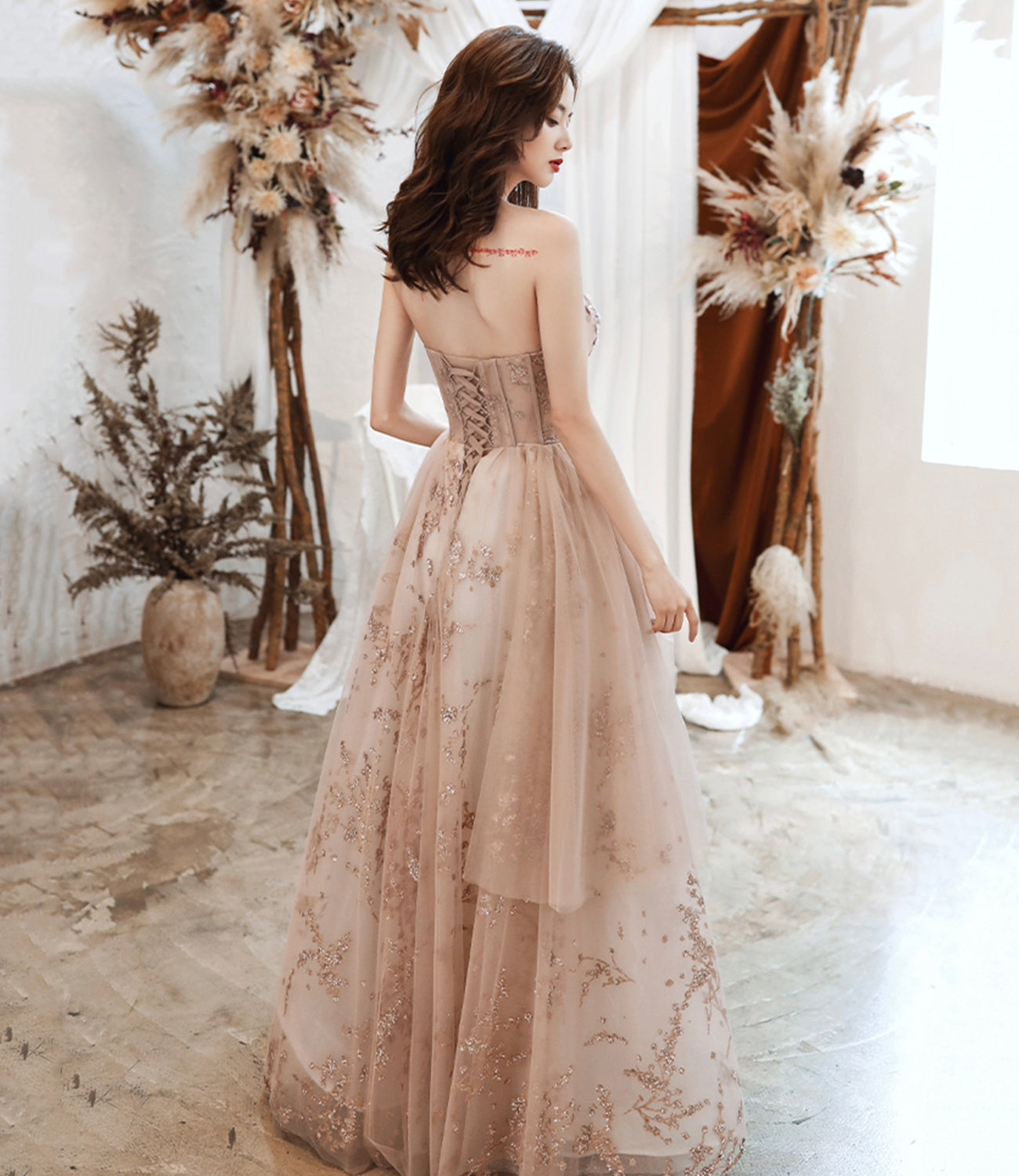 Cute tulle sequins long prom dress A line evening gown HZ1023