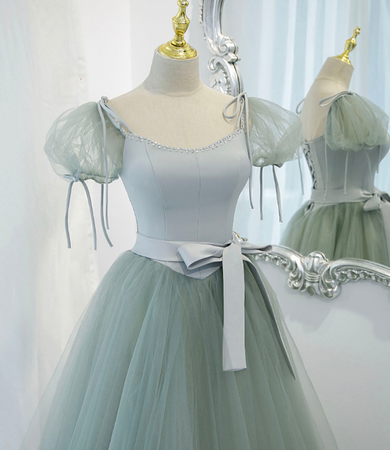 Green satin tulle long prom dress A line evening dress HZ1023