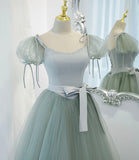 Green satin tulle long prom dress A line evening dress HZ1023