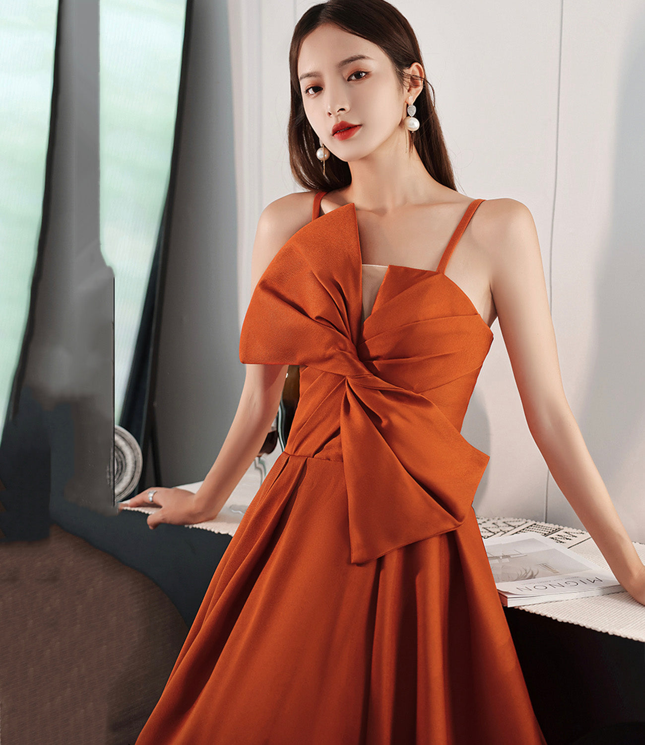 Orange satin long prom dress with bow A line formal dress HZ1023