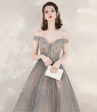 Gray tulle sequins long prom dress with star HZ1023