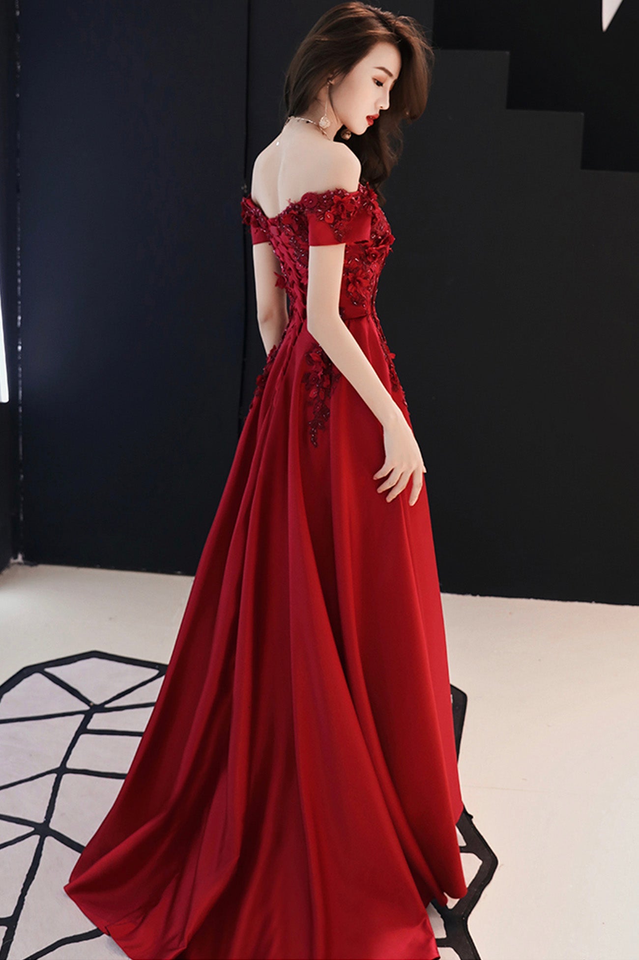 Burgundy satin lace long prom dress A line evening dress HZ1023