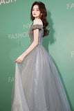 Gray tulle beads long prom dress gray evening dress HZ1023