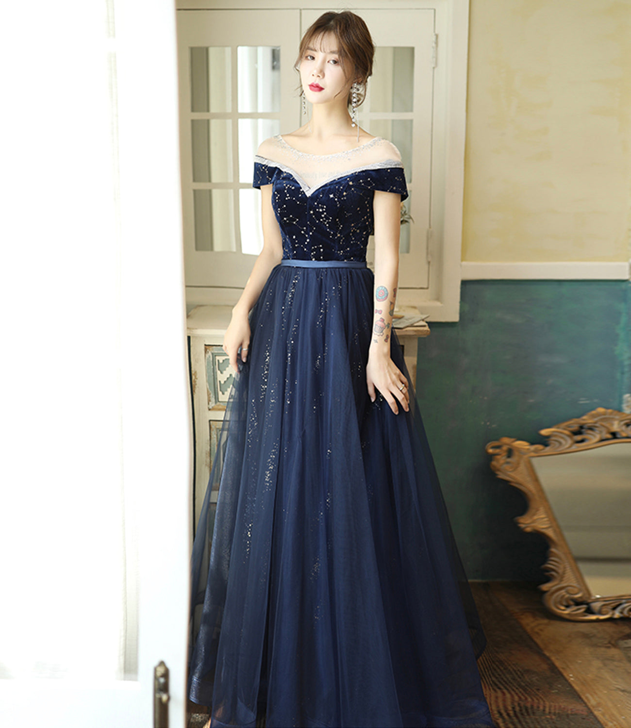 Blue velvet tulle long prom dress evening dress HZ1023