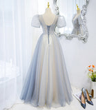 Gray tulle beads long prom dress A line evening gown HZ1023