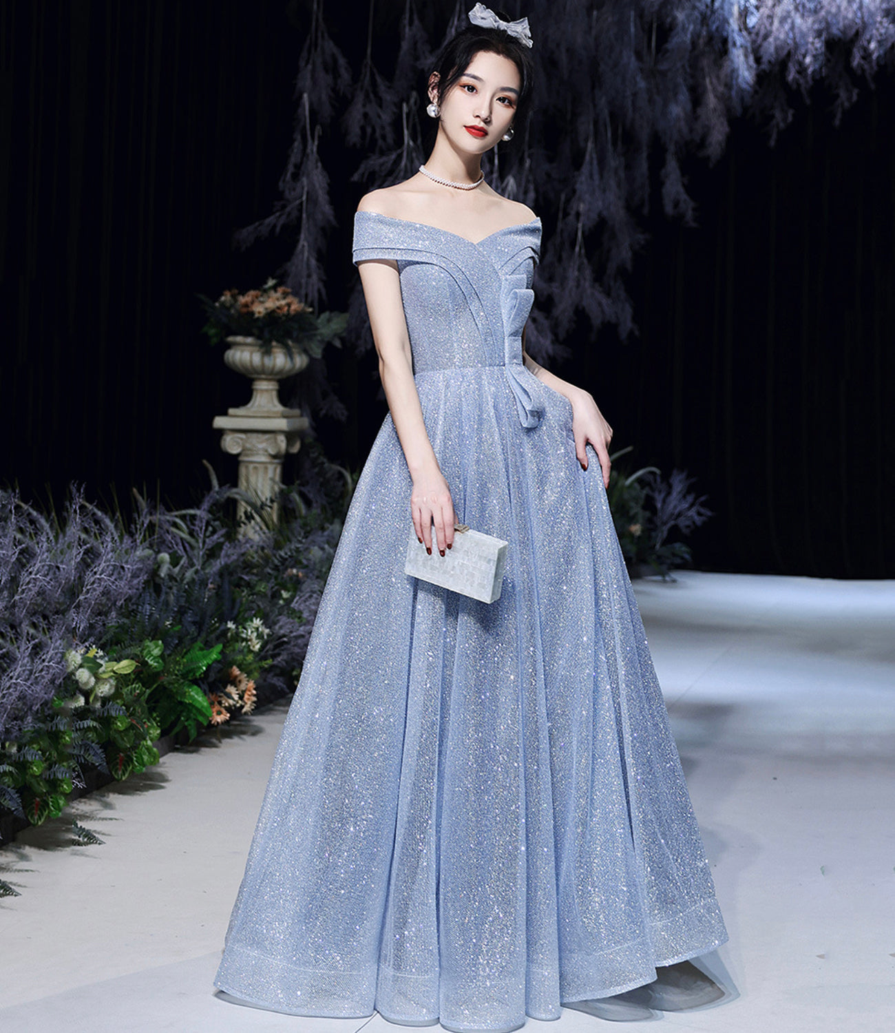 Blue tulle sequins long prom dress blue evening dress HZ1023