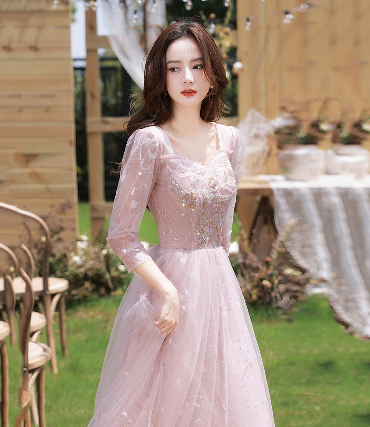 Pink tulle sequins long prom dress evening dress HZ1023