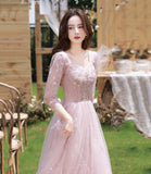 Pink tulle sequins long prom dress evening dress HZ1023