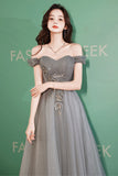 Gray tulle beads long prom dress gray evening dress HZ1023
