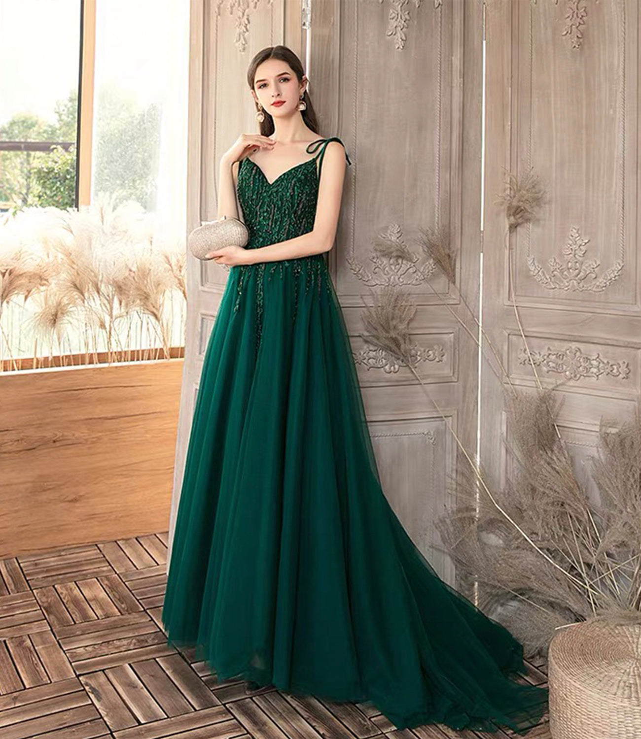 Green tulle lace long prom dress A line evening dress HZ1023