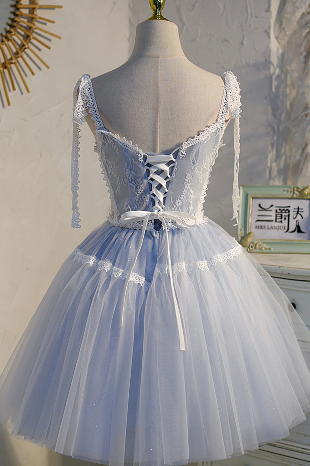 Blue lace short A line prom dress homecoming dress HZ1023