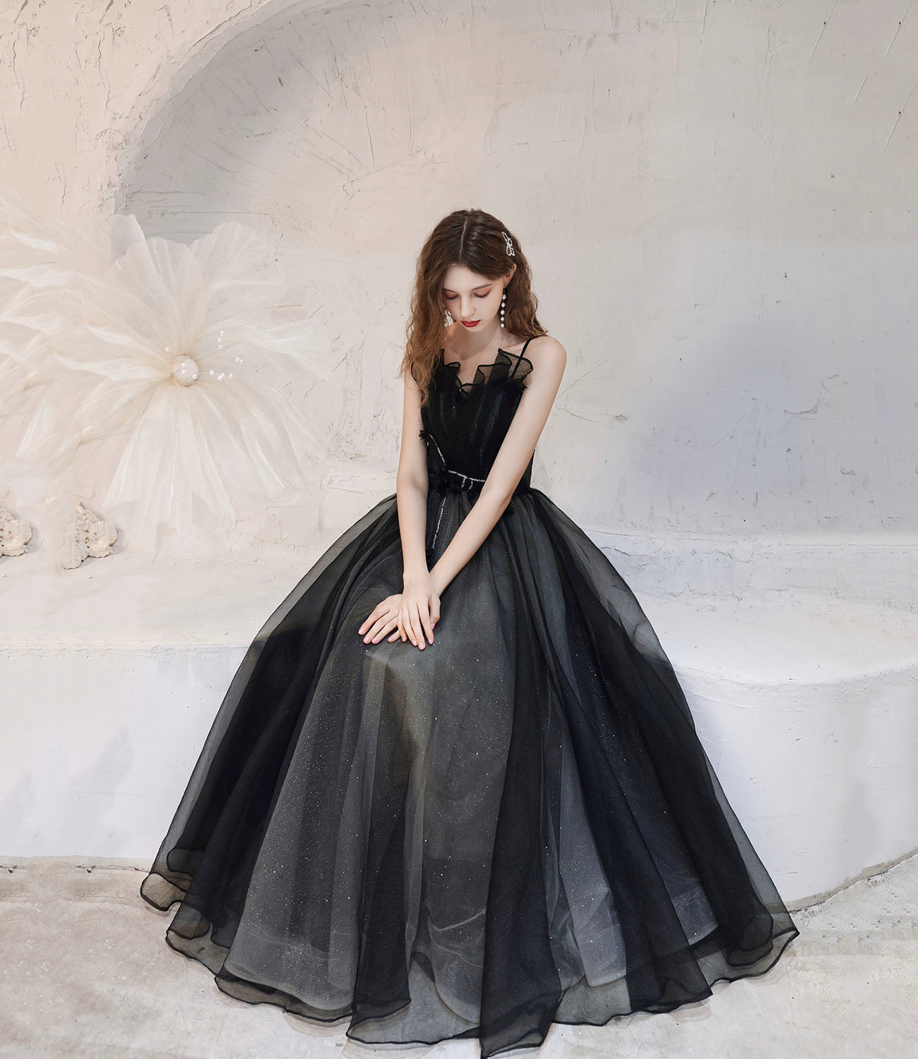 Black tulle long prom dress A line evening dress HZ1023