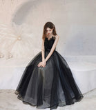 Black tulle long prom dress A line evening dress HZ1023