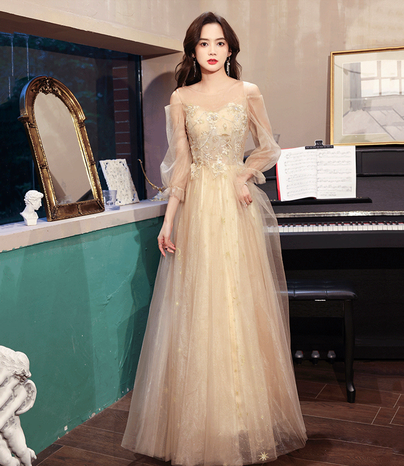 Champagne tulle lace long prom dress A line evening dress HZ1023