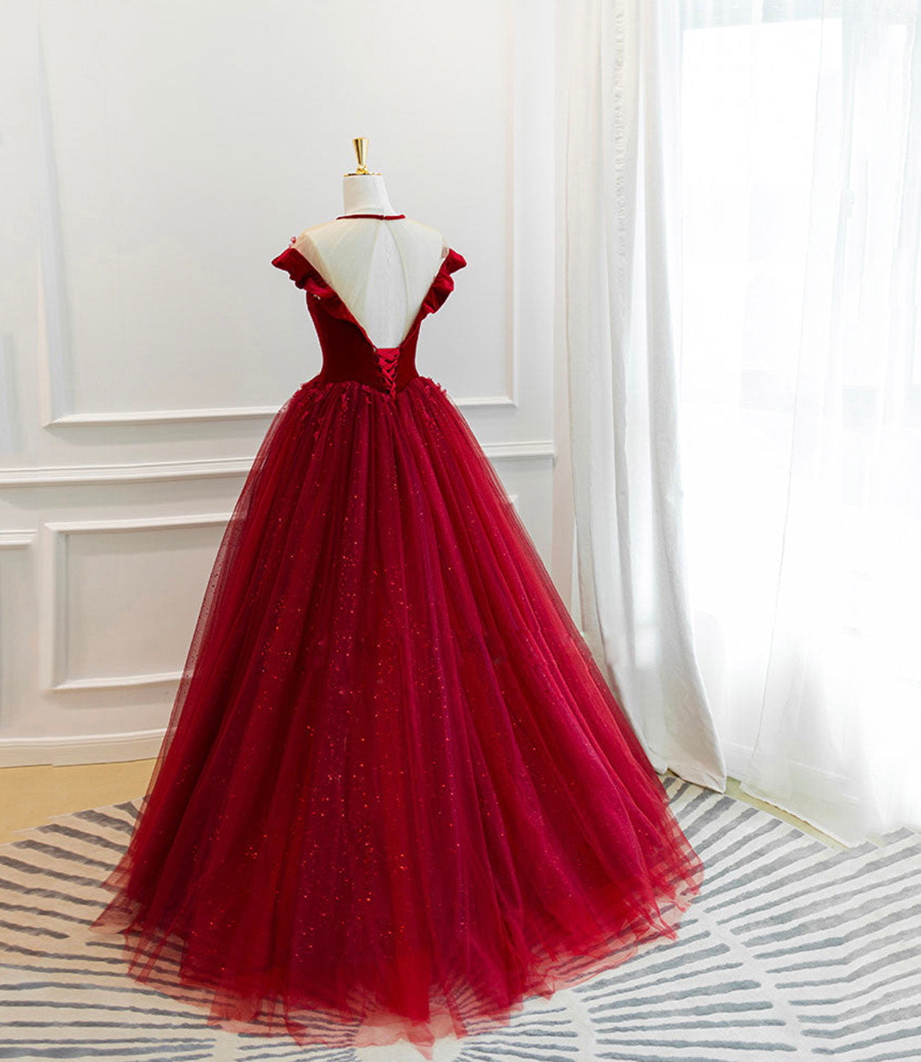Burgundy velvet tulle long prom dress A line evening gown HZ1023