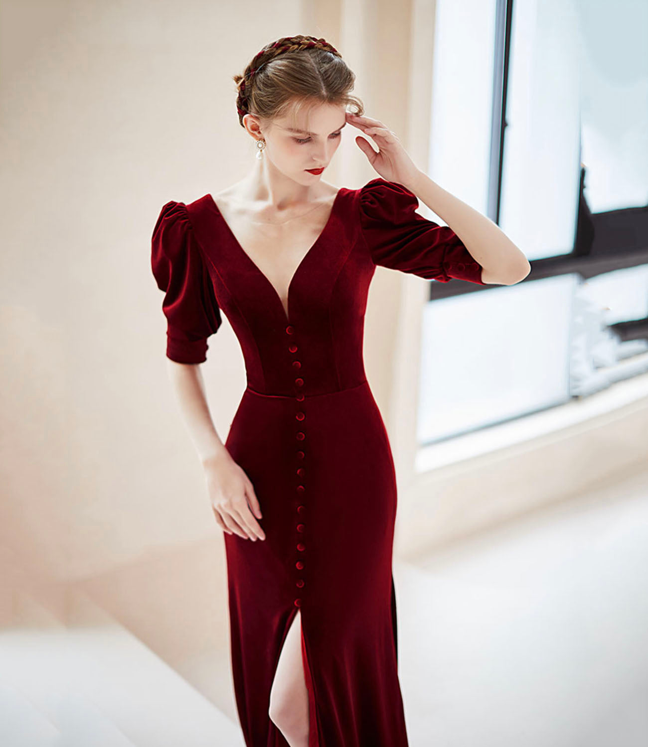 Burgundy velvet long prom dress mermaid evening dress HZ1023