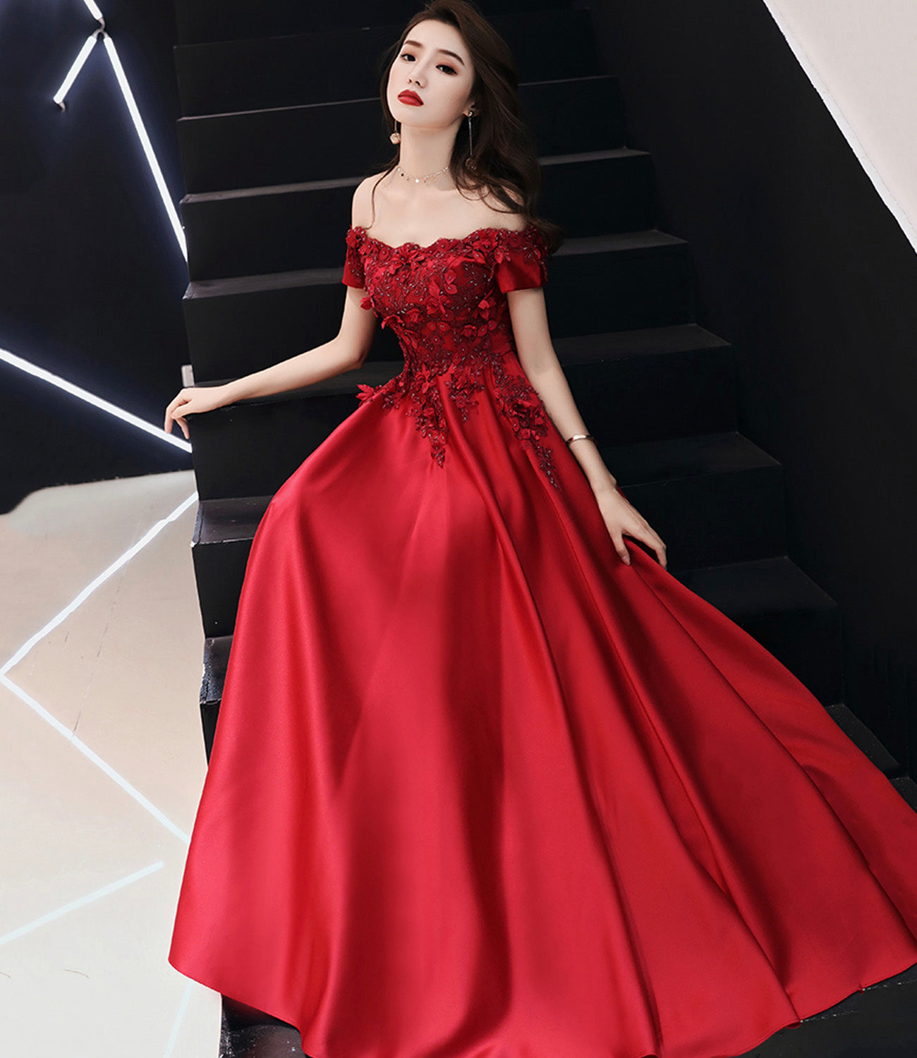 Burgundy satin lace long prom dress A line evening dress HZ1023