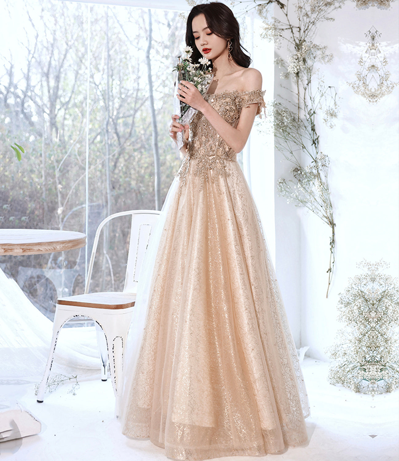 Champagne tulle lace long prom dress A line evening gown HZ1023