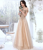 Champagne tulle lace long prom dress A line evening gown HZ1023