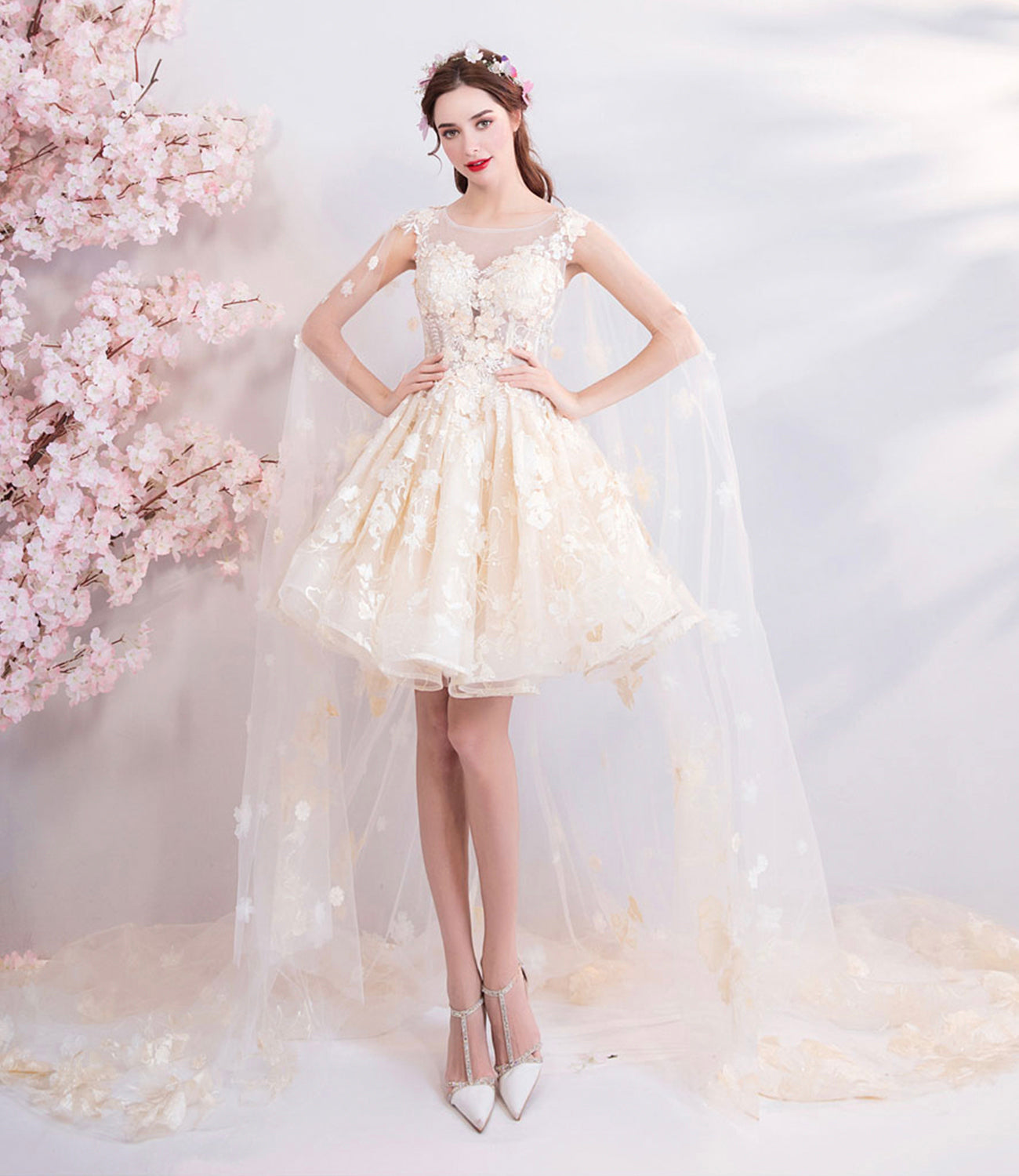 Champagne tulle lace short prom dress homecoming dress HZ1023