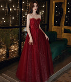 Burgundy tulle sequins long prom dress A line evening dress HZ1023
