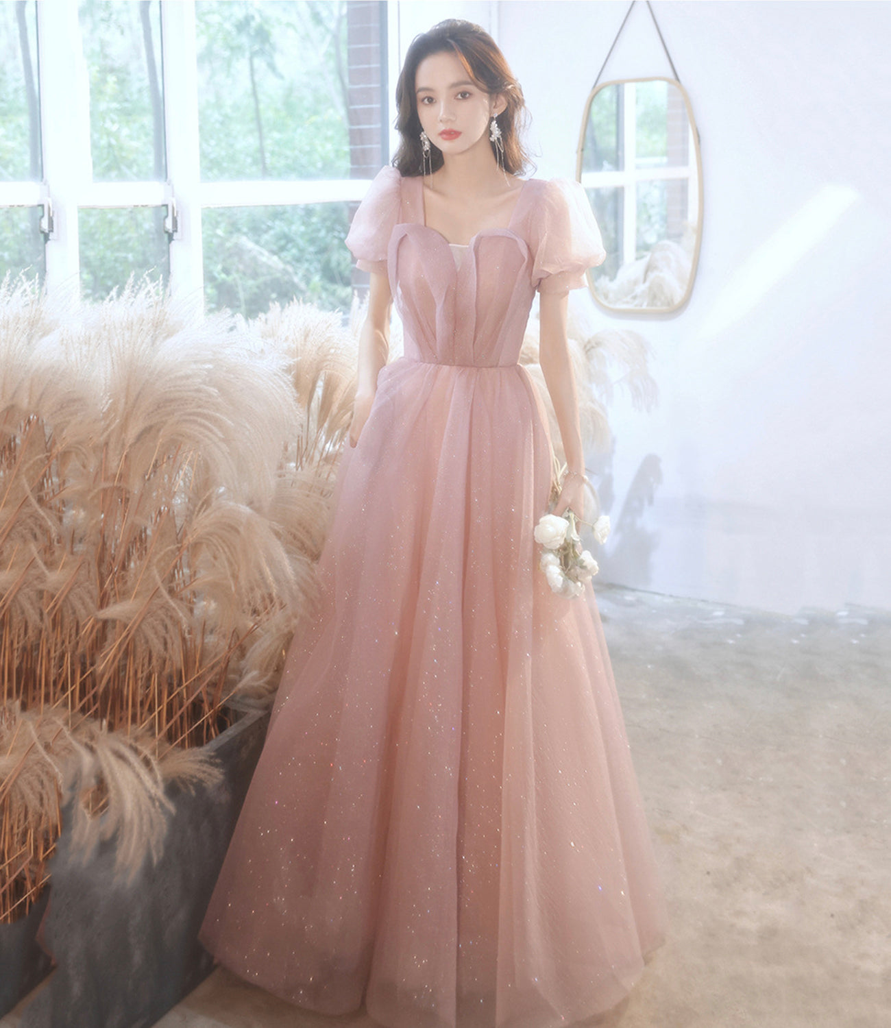 Cute tulle long prom dress pink A line evening dress HZ1023