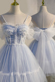 Blue tulle lace short prom dress homecoming dress HZ1023