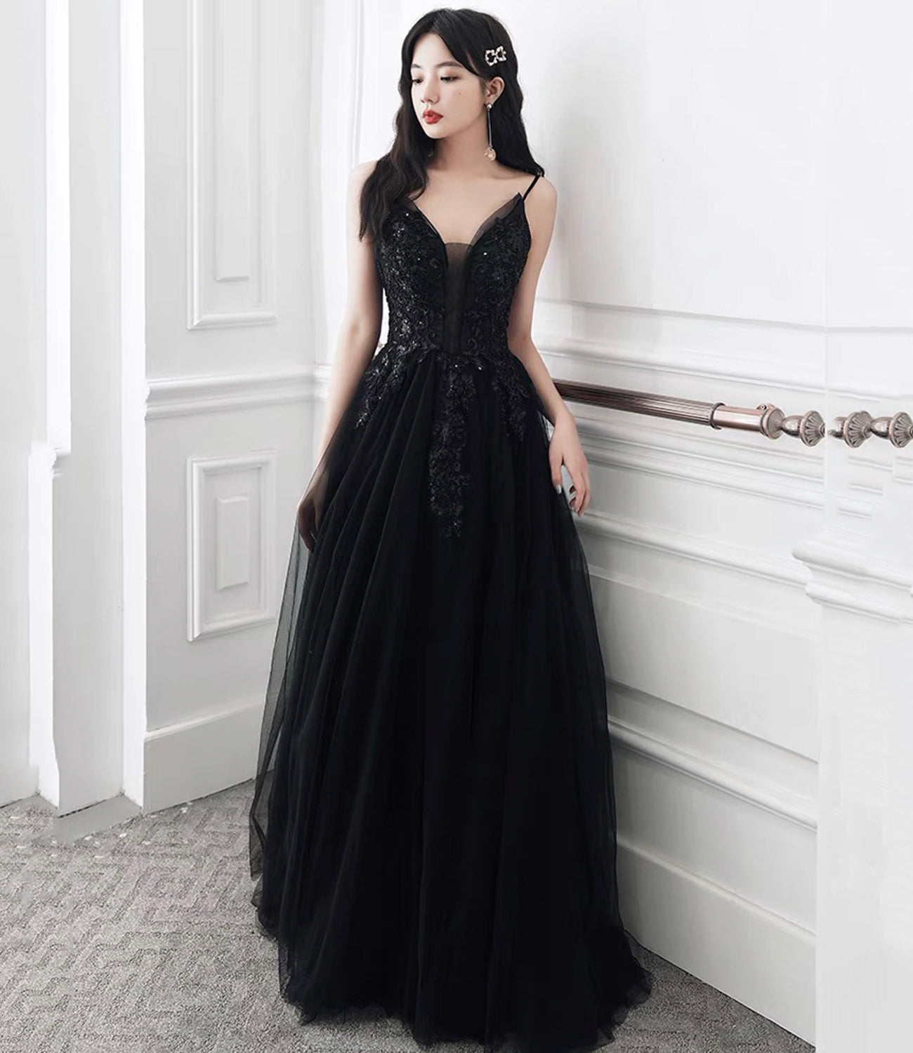 Black tulle sequins long prom dress evening dress HZ1023