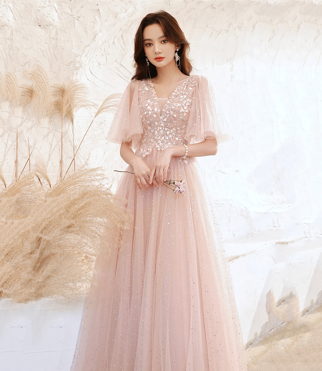 Pink tulle lace long prom dress pink evening dress HZ1023