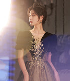 Black tulle sequins long prom dress A line evening dress HZ1023