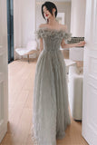 Gray tulle long prom dress A line evening dress HZ1023