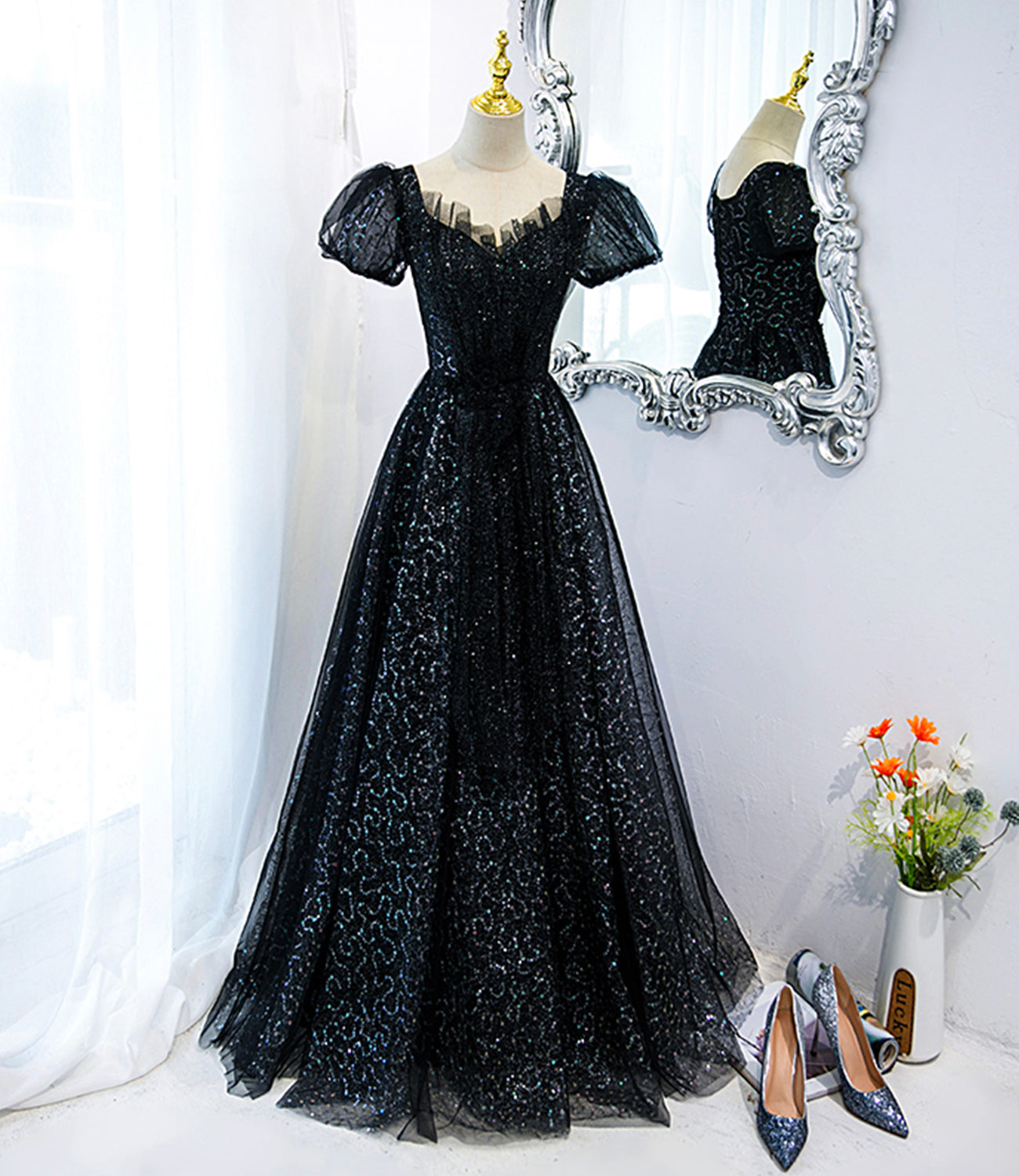 Black tulle sequins long prom dress black evening dress HZ1023