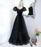 Black tulle sequins long prom dress black evening dress HZ1023