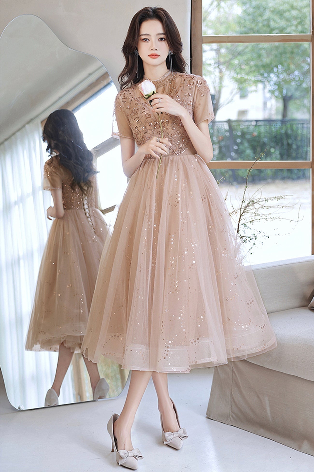 Cute tulle beads short prom dress A line party dress HZ1023
