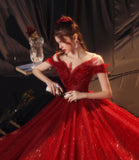 Red tulle sequins long prom dress A line evening gown HZ1023