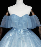 Blue tulle lace long ball gown dress A line formal dress HZ1023