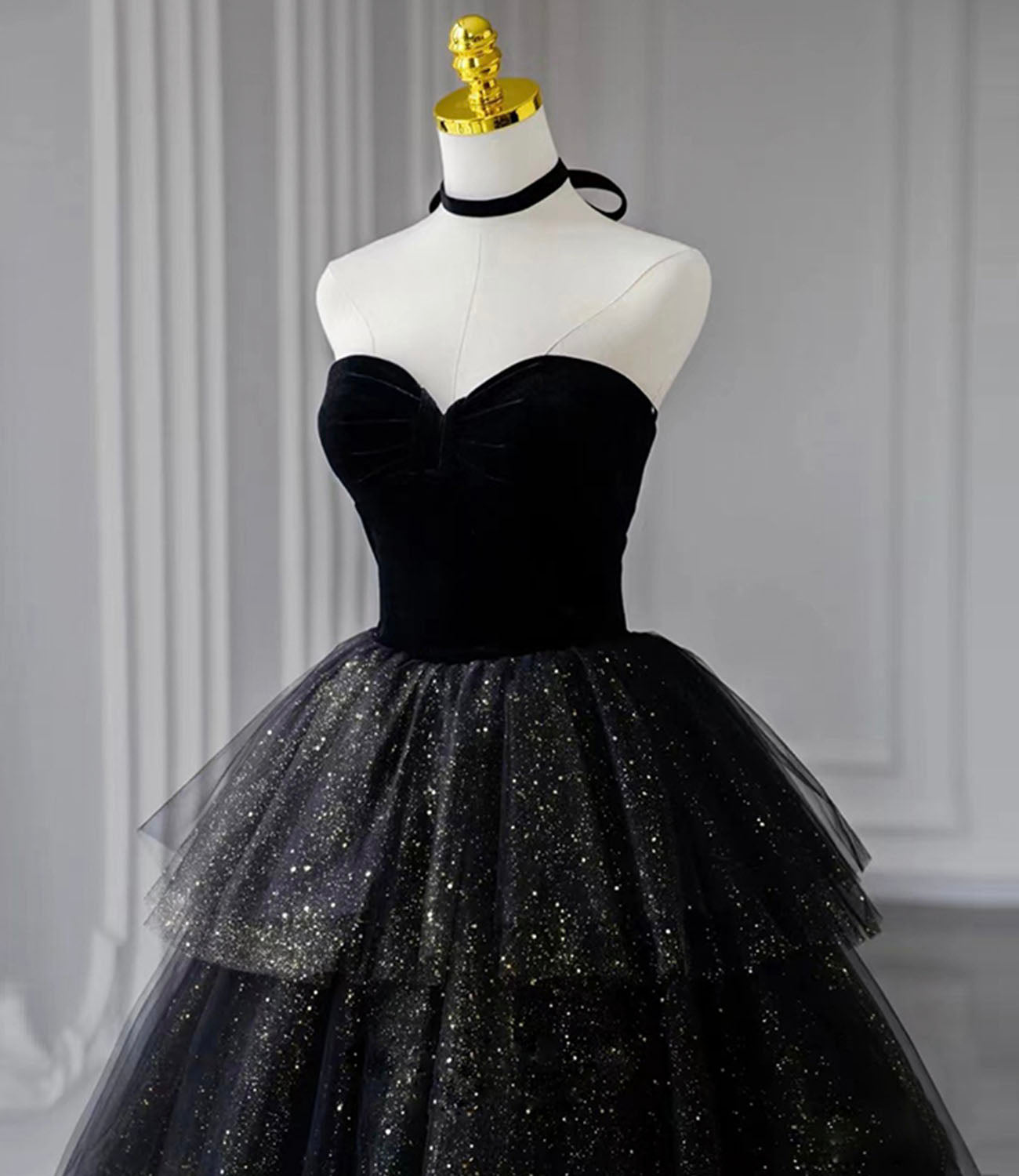 Black velvet tulle long ball gown dress black formal dress HZ1023