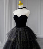 Black velvet tulle long ball gown dress black formal dress HZ1023