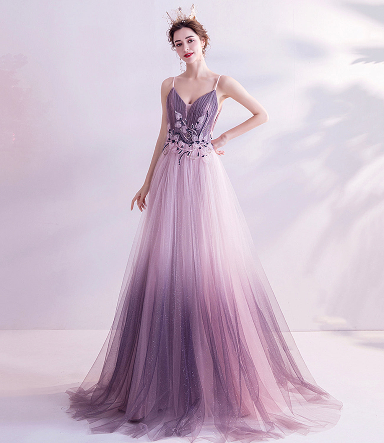 Purple tulle sequins long prom dress purple evening dress HZ1023