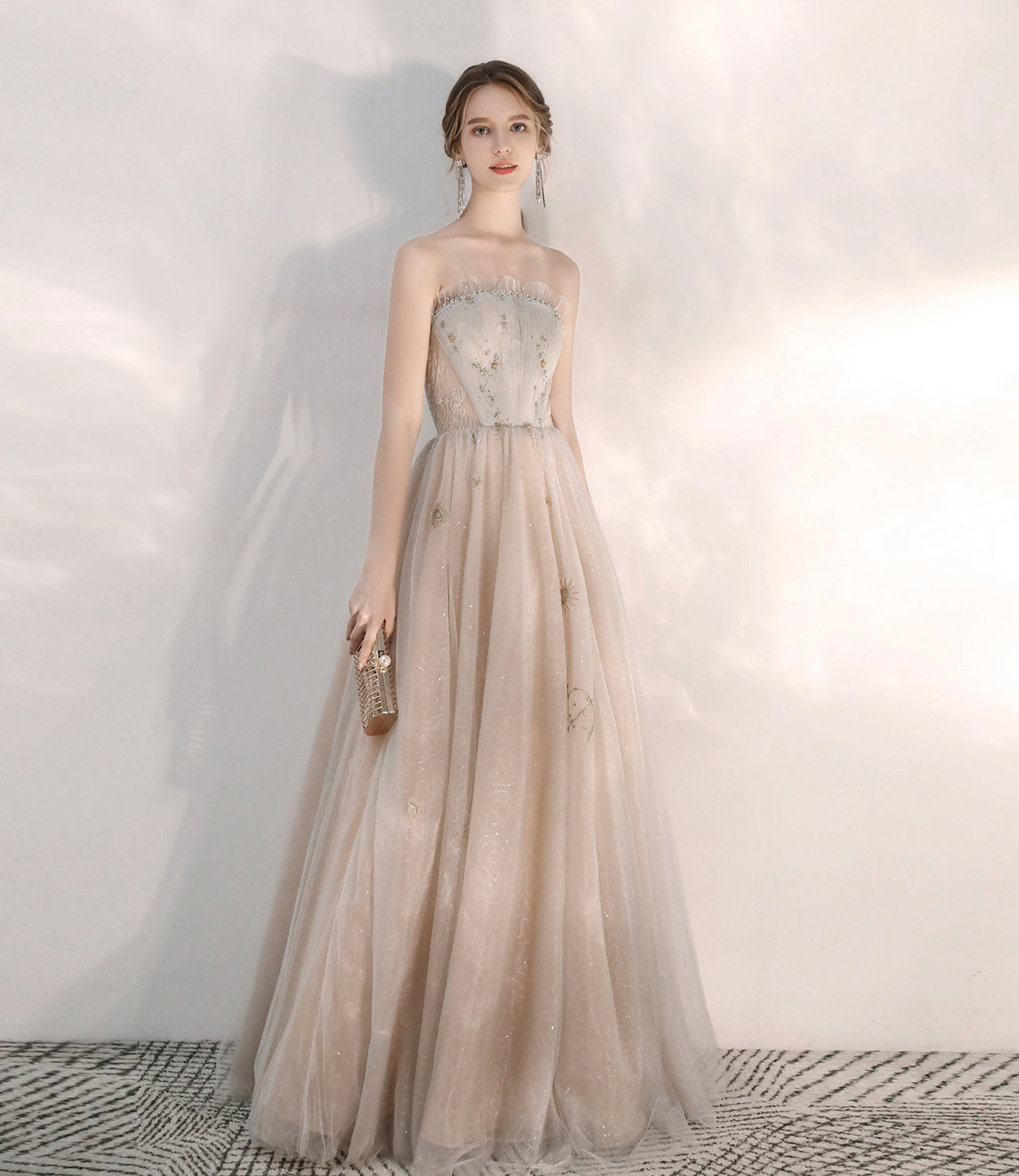 Champagne tulle sequins long prom dress A line evening dress HZ1023